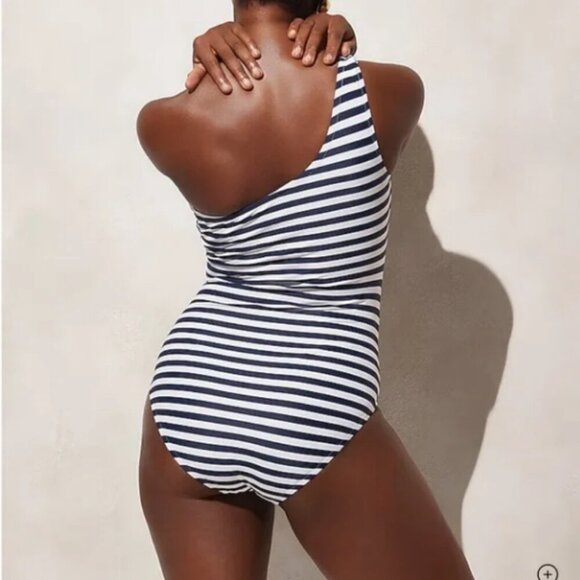 J Crew Sleek Ruched One Shoulder Dark Evening Stripe One Piece Swimsuit Size 14 - Picture 2 of 10